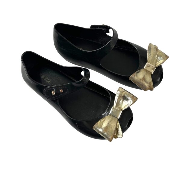 Mini Melissa Black Gold Bow Jelly Maryjane Flats Kids Size 12 Eu 30 - Picture 1 of 11